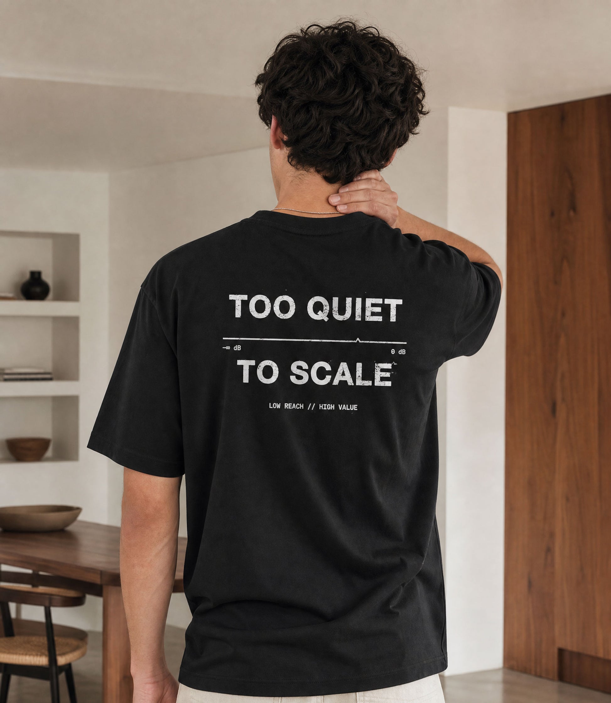 Too Quiet to Scale black oversized tee with typographic graphic