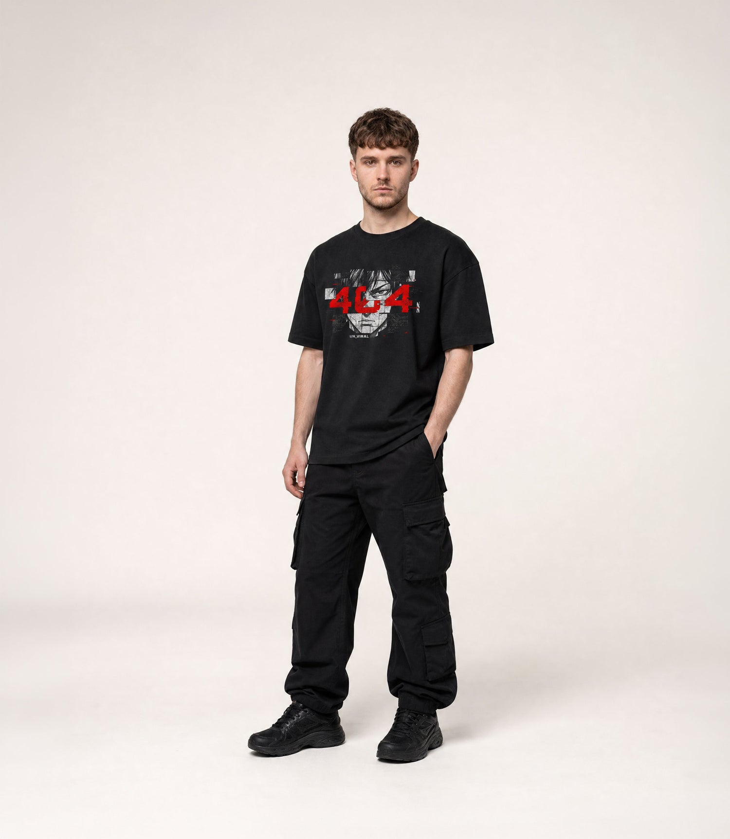 404 Frame black tee worn, oversized fit