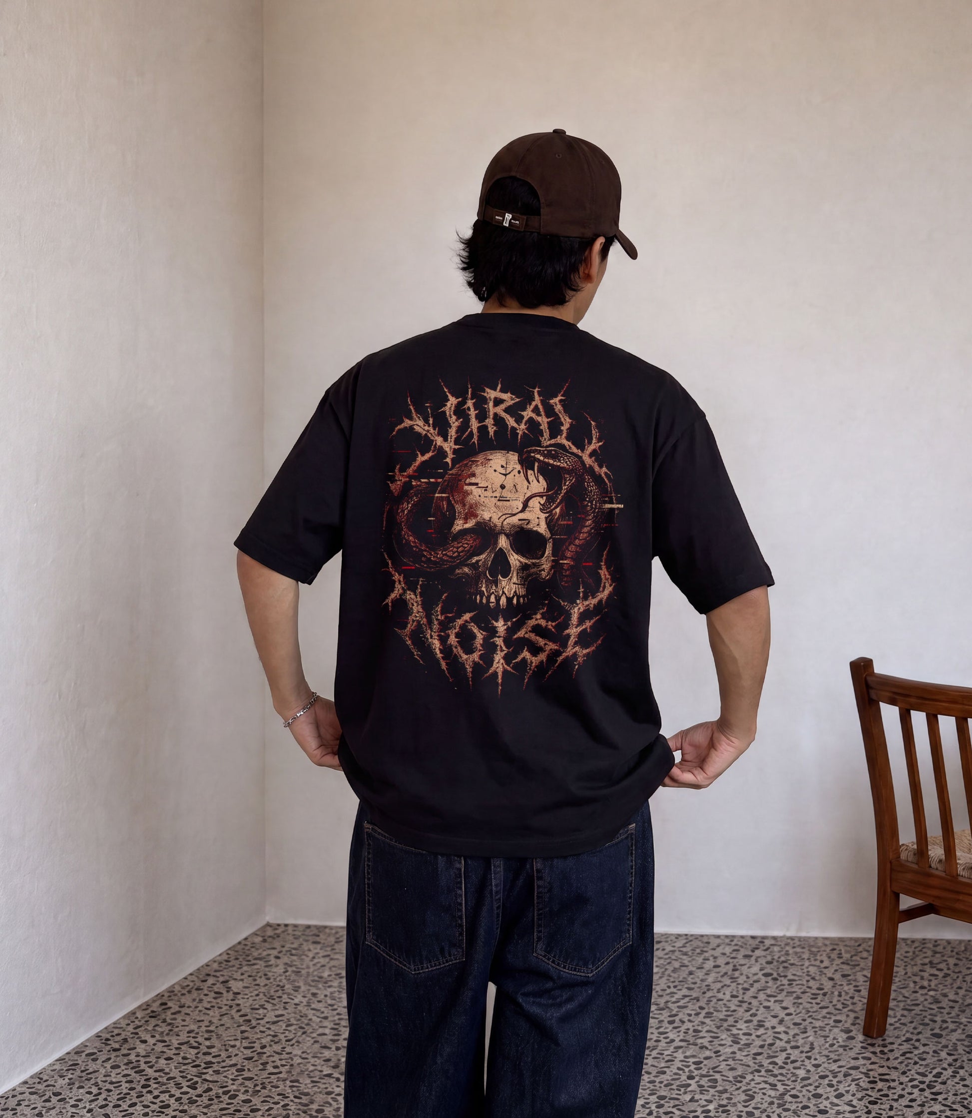 Venom Signal black oversized tee with skull-and-serpent death-metal graphic