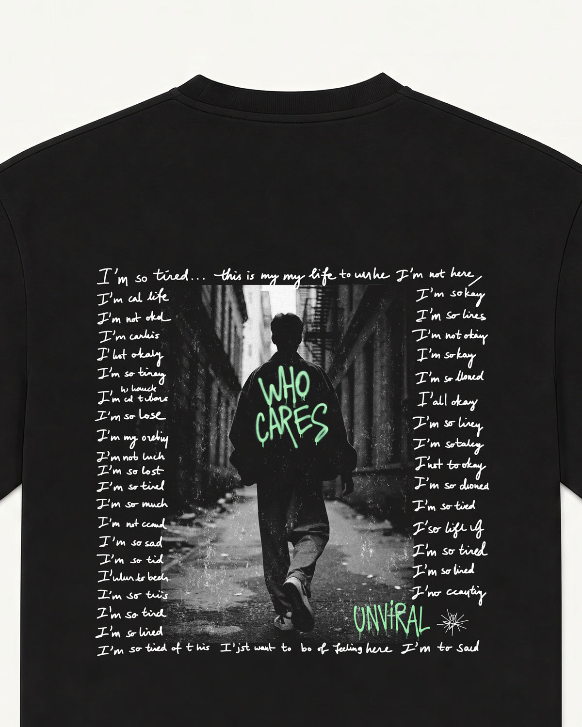 Who Cares black oversized tee, back print detail