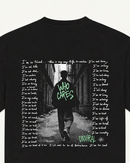 Who Cares black oversized tee, back print detail