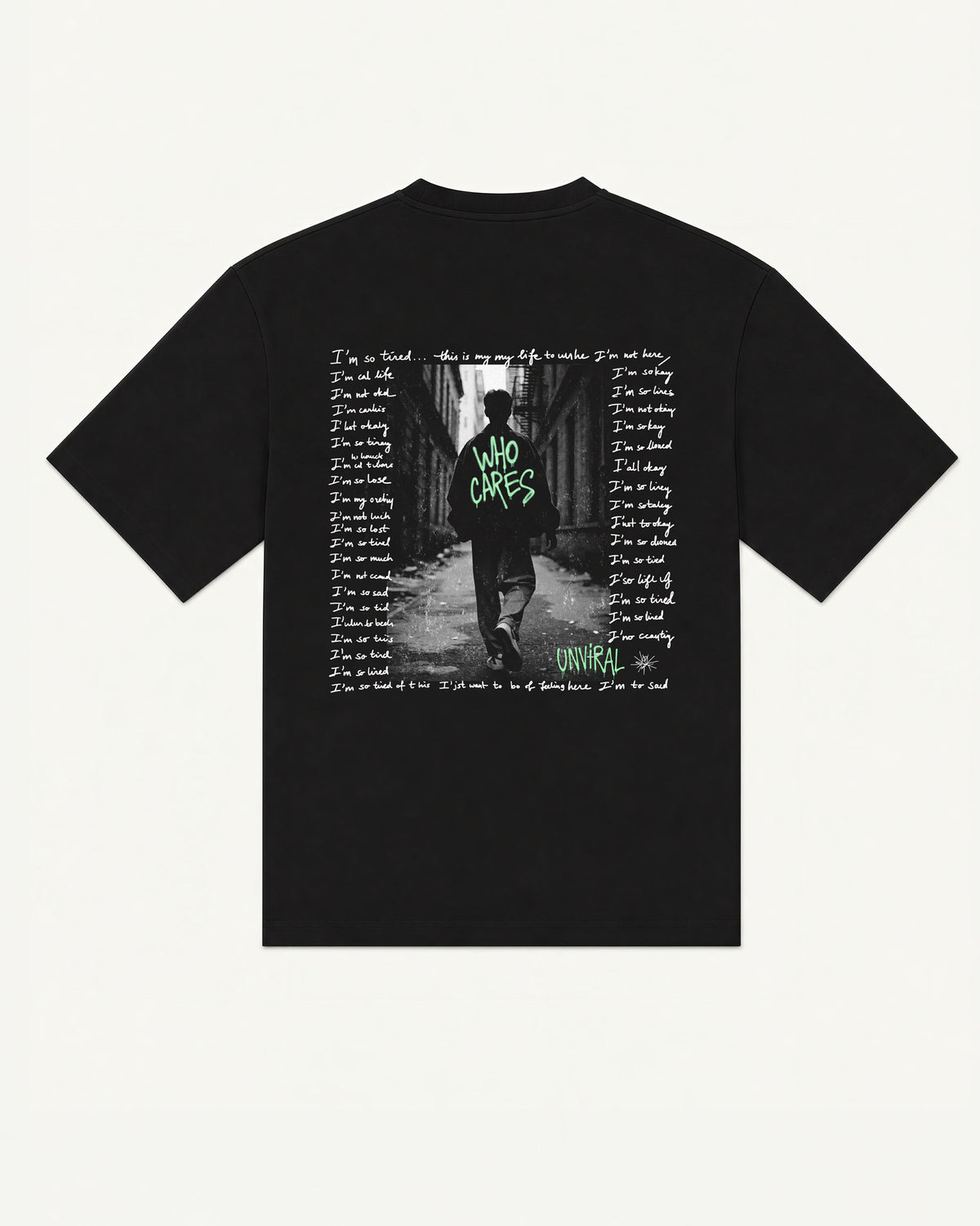 Who Cares black oversized tee with photographic back print and graffiti type, back