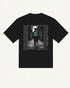 Who Cares black oversized tee with photographic back print and graffiti type, back